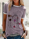 Camiseta casual de manga curta estampada com flores de desenho animado - Roxa