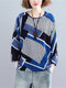 Abstract Geo Stripe Print Long Sleeve O-neck Blouse - Blue