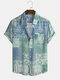 Mens Ethnic Floral & Striped Patchwork Short Sleeve Shirts With Pocket - Green