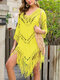 Women Crochet Tassel V-Neck Solid Color Pullover Cover Up Swimsuit - Yellow