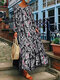 طباعة أوراق الشجر بأكمام طويلة كاجوال Plus فستان ماكسي - أسود