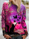 Cartoon Cat Print Long Sleeves O-neck Casual Sweatshirt For Women - Rose