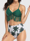 Women Bikini Tropical Plant Leaves Print Criss-Cross Bandage Tassel Trim High Waist Swimwear - Green