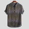 Mens Ethnic Style Printed Stand Collar Colorful Stripe Short Sleeve Loose Henley Shirts - Yellow