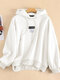 Casual Long Sleeve Drawstring Patched Hoodie For Women - White