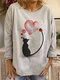 Cartoon Cat Print O-neck Long Sleeve Plus Size T-shirt for Women - #03