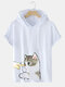 Camisetas masculinas de desenho animado gato com capuz manga curta com cordão - Branco