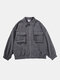 Mens Corduroy Solid Color Zipper Casual Jackets With Flap Pocket - Gray