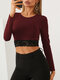 Solid Color Lace Patchwork Long Sleeve O-neck Crop Top - Wine Red