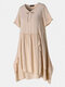Summer Pleated Layers Short Sleeve Plus Size Schiffy Dress - Beige