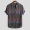 Mens Ethnic Style Printed Stand Collar Colorful Stripe Short Sleeve Loose Henley Shirts - Red