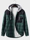 Mens Plaid Contrast Patchwork Long Sleeve Hooded Shirts Winter - Green