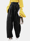 Striped Print Drawstring Pocket Loose Long Casual Pants for Women - Black