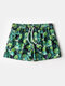 Hawaii Floral Leaves & Lemon Print Swim Shorts Drawstring Pockets Lightweight Board Shorts - Green