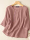 Women Chinese Style Embroidered Cotton 3/4 Sleeve Blouse - Pink