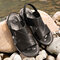 Men Genuine Leather Pure Color Non-slip Casual Beach Sandals - Black