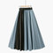New Elastic High Waist Solid Color Contrast Color Stitching Medium Long Retro Slim Pleated Skirt - Blue + black
