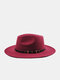 Unisex Woolen Felt Solid Color Strap Decoration Big Flat Brim Top Hat Fedora Hat - Wine Red