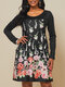 Floral Printed Long Sleeve O-neck Midi Dress - Black