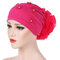 Women Pan Flower Hat Oversized With Flower Headscarf Beanies Hat Solid Color Beaded  Cotton Cap - Rose Red M