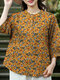 Women Ditsy Floral Print Stand Collar Half Button Cotton Blouse - Yellow