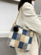 Women Plush Gingham Pattern Print Shoulder Bag Handbag - Blue（NO Cartoon）
