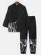 Mens Crane Print Frog Button Kimono Loose Black Two Pieces Outfits - Black
