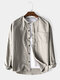 Mens Cotton Plain Solid Color Collarless Long Sleeve Shirts - Grey