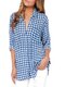 Women Pocket Plaid Long Sleeve Blue Single Breasted Lapel Blouse  - Blue