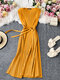 Solid Pleated Sleeveless Crew Neck Casual Dress With Belt - Yellow