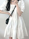 Puff Sleeve Square Collar A-line Solid Casual Dress - White