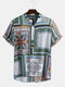 Mens Vintage Fashion Ethnic Style Printed Short Sleeve Loose Casual Henley Shirt - #01