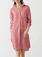 Check Pattern Long Sleeve Lapel Pocket Button Dress - Red