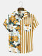 Mens Floral Stripe Print Patchwork Holiday Short Sleeve Shirts - Yellow