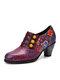 Socofy Retro Floral Print Embossed Design Beading Leather Patchwork Chunky Heel Pumps - Purple