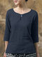 Women Plain Button Detail Cotton 3/4 Sleeve Blouse - Dark Blue