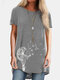 Short Sleeve Flower Print O-neck T-shirt For Women - Grey