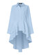 Chemise à manches longues à ourlet irrégulier superposé à revers solide pour femmes - bleu