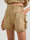Lace Trim Pocket Solid Casual Shorts For Women - Khaki