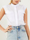 Solid Color Button Pockets Stand Collar Sleeveless Blouse For Women - White