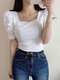 Solid Puff Sleeve Square Collar Blouse For Women - White