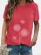 O-neck Flower Print Short Sleeve Casual T-shirt For Women - Red