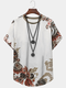 Camisetas masculinas com estampa floral étnica com gola curva e bainha curta de manga curta - Branco