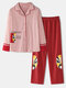 Women Cotton Patchwork Letter National Style Print Lapel Long Pajama Sets - Pink
