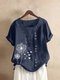 Calico Print O-neck Short Sleeve Button Women Casual T-Shirt - Blue
