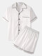 ChArmKpr Men Plain Faux Silk Pajamas Set Two Pieces Solid Color Lapel Collar Satin Sleepwear with Short Sleeve Tops - White