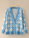 Argyle Pattern Button Long Sleeve Knit Cardigan - Blue