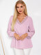Solid Color Lace Hollow-out Crochet Embellished V-neck Casual Shirt - Pink