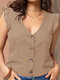 Women Solid V-Neck Button Front Ruffle Sleeveless Blouse - Khaki
