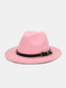 यूनिसेक्स वूलन सॉलिड कलर विंटेज बकल स्ट्रैप डेकोरेशन फ्लैट ब्रिम टॉप हैट फेडोरा हैट - गुलाबी